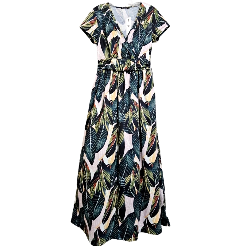Nwt OUGES Shortsleeve Faux Wrap Knit Green,Rust,Pink Leaves Maxidress